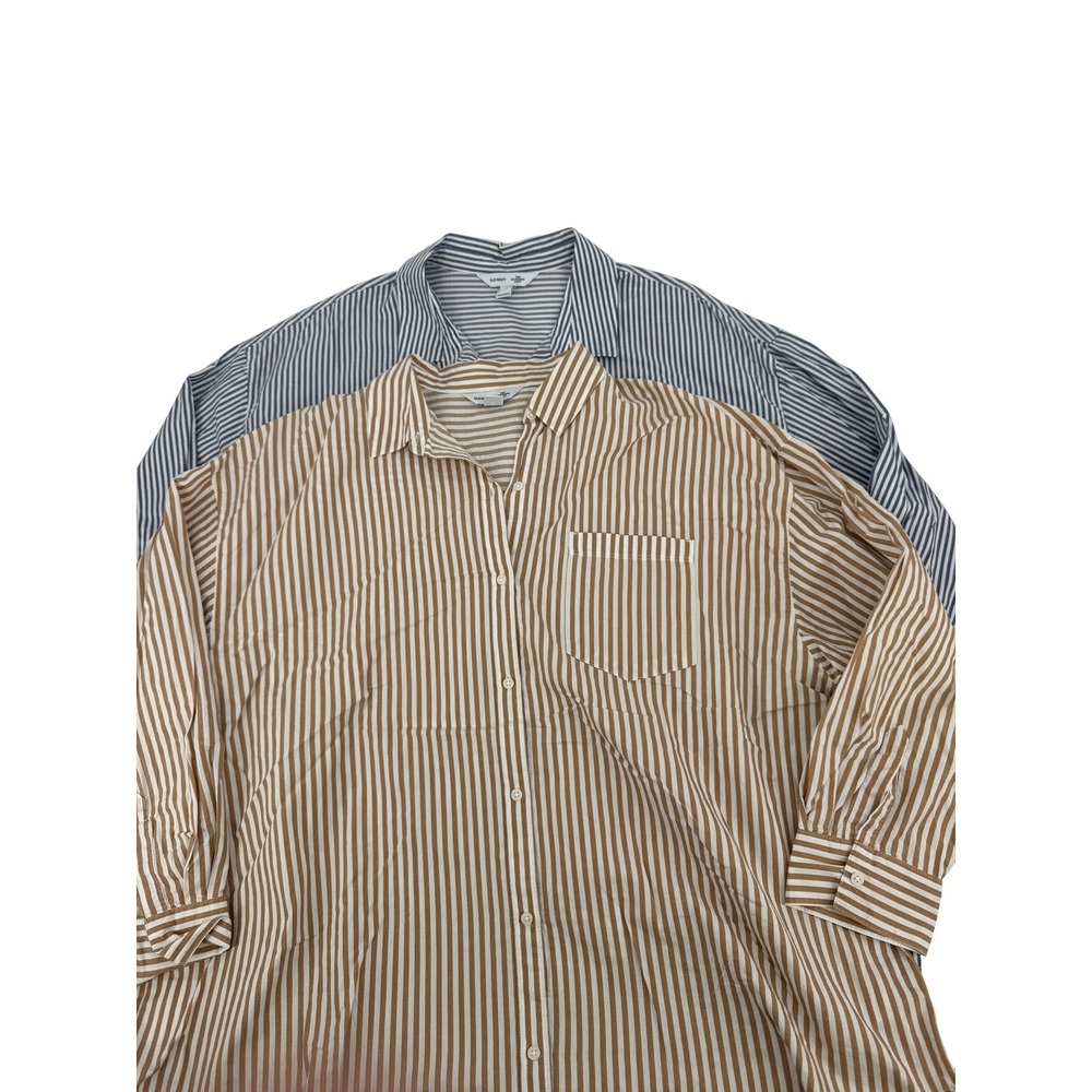 Old Navy The Boyfriend Shirt Women XL 2 Pack Blue Tan Striped Cotton Poplin Top